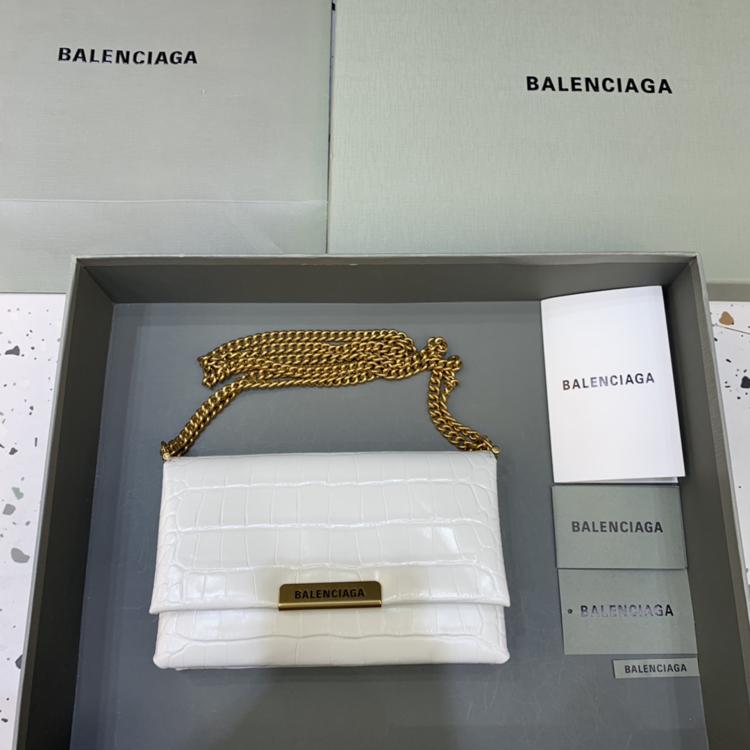 Balenciaga Triplet Small Bag With Chain Crocodile Embossed Calfskin Shouler Bag White